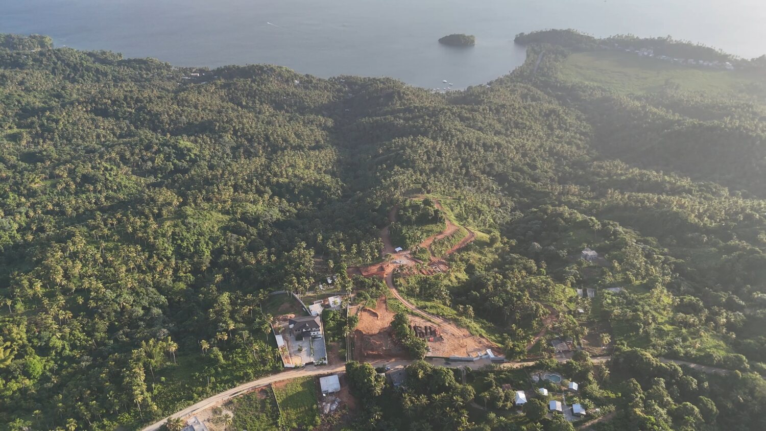 Aerial view of forested hills meeting the coastline of Samaná Bay