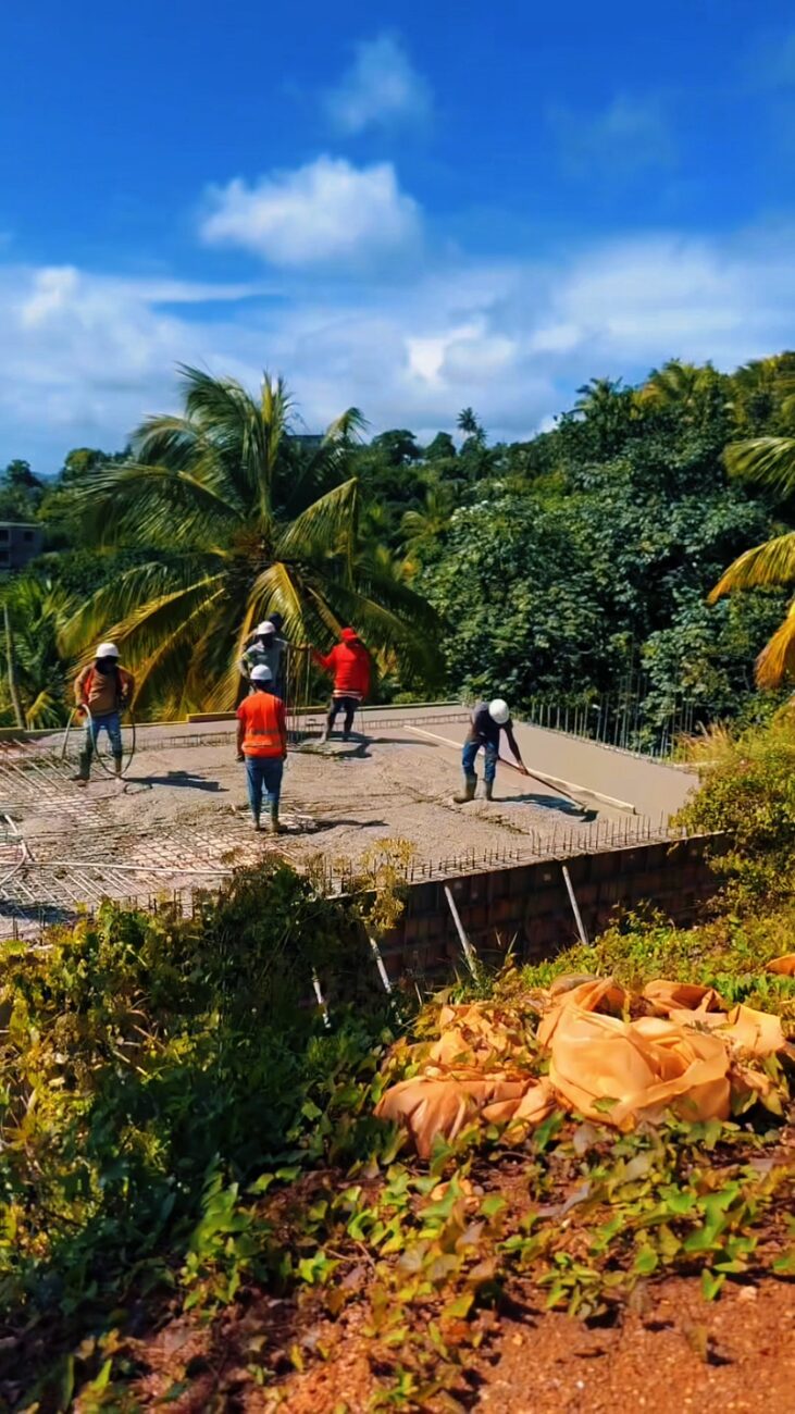 Construction crew working on a red earth ridge among palm trees under a blue sky