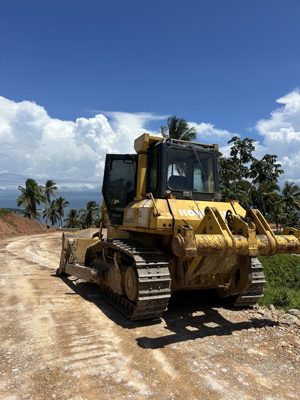 A tracked bulldozer standing on a newly cut road along the ridge, palms and Samana Bay behind