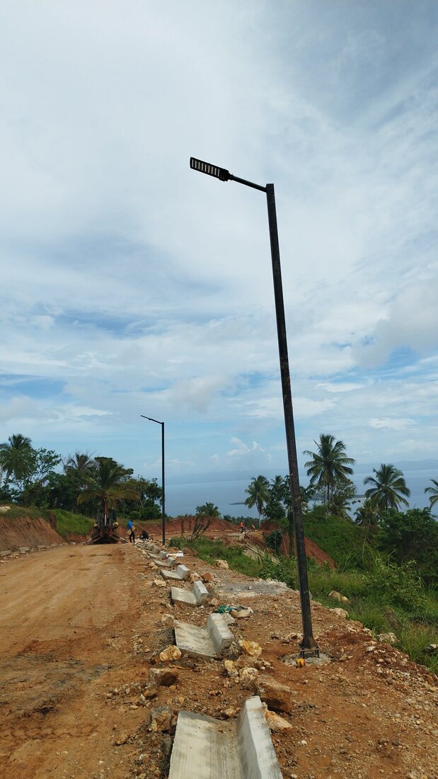 A solar street light standing against the sky with the sea beyond