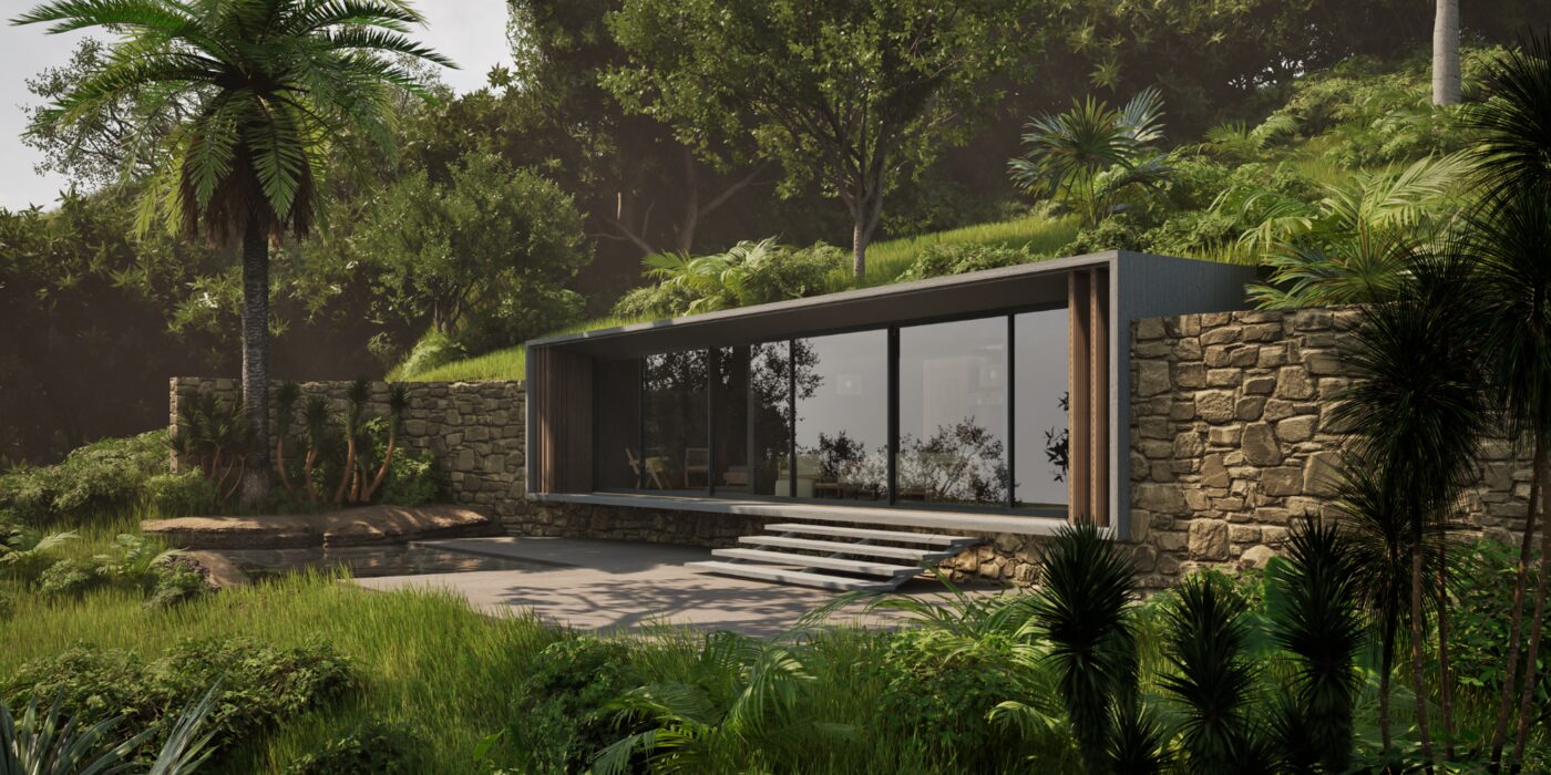 Architectural visualisation of a Flat House villa with full-height glazing set into a planted hillside