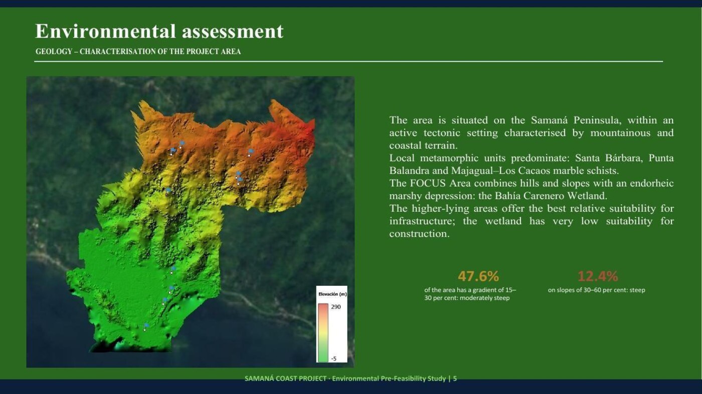 Environmental assessment page showing a colour relief map characterising the geology of the project area