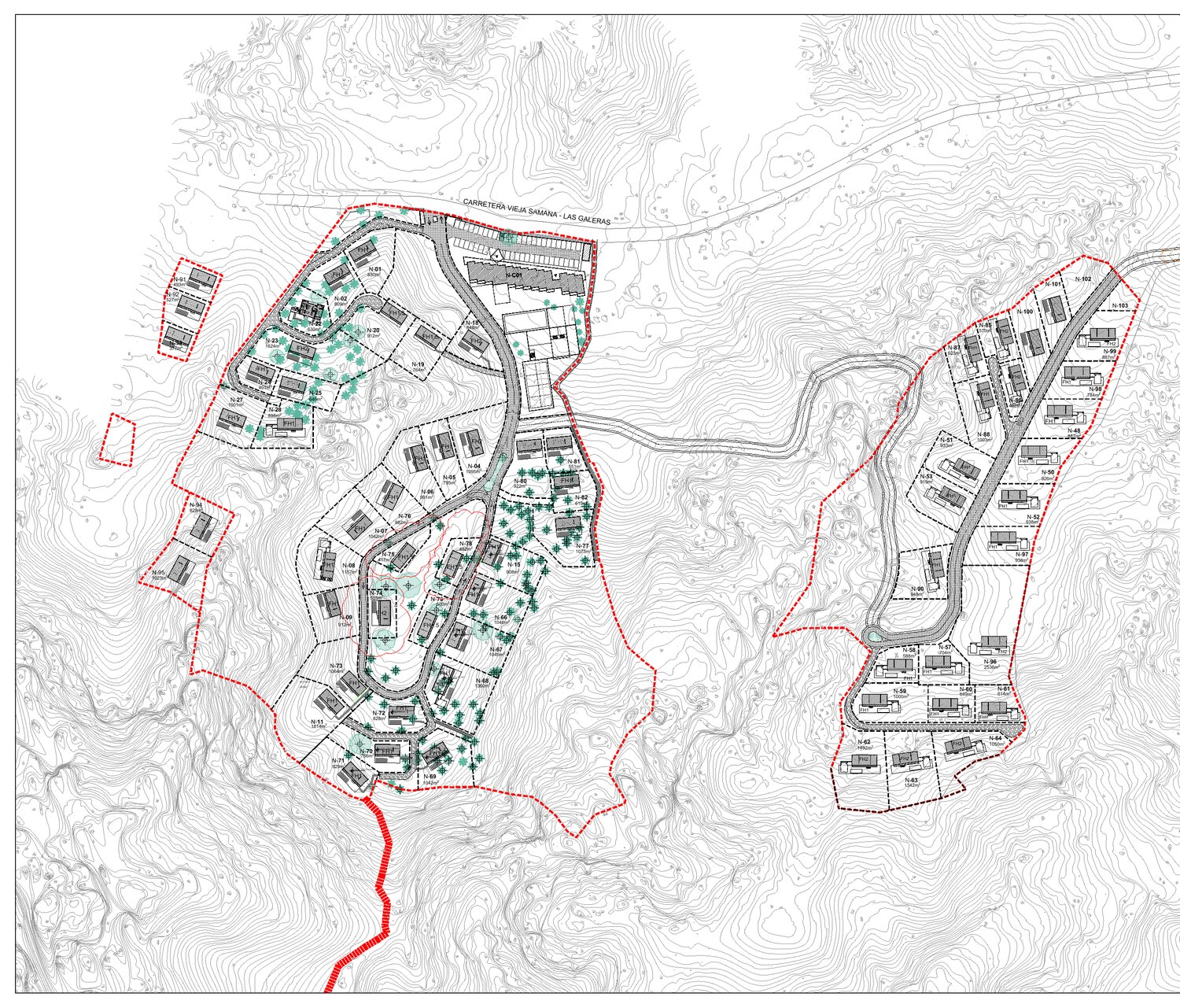 LiDAR-derived survey drawing showing dense contour lines, plot boundaries, roads and building footprints across the Nomad City site