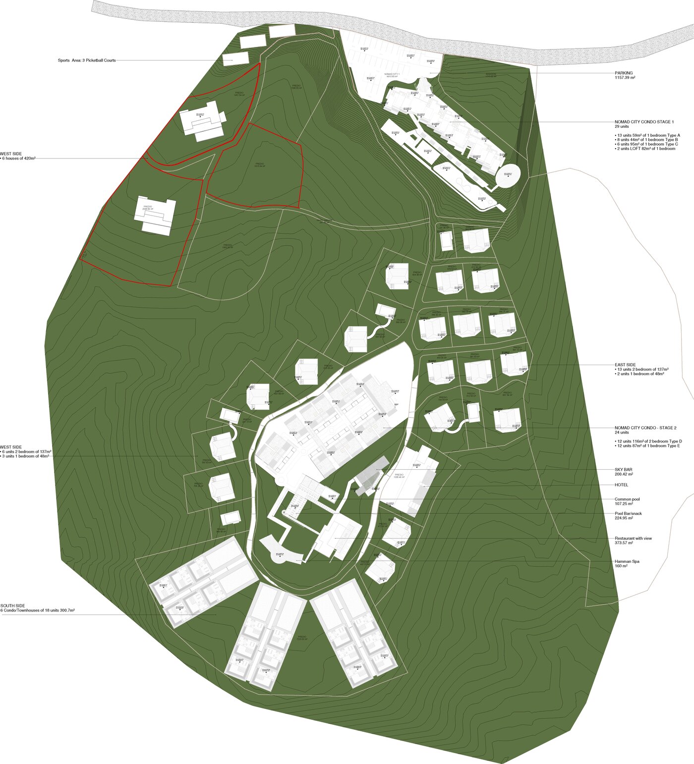 Nomad City masterplan drawing showing building footprints and roads set within a large preserved green area